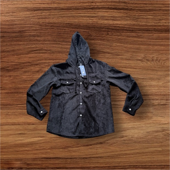 Romwe Black black  hooded Button Up Shirt Jacket Shacket Sz M  full button - Picture 2 of 16